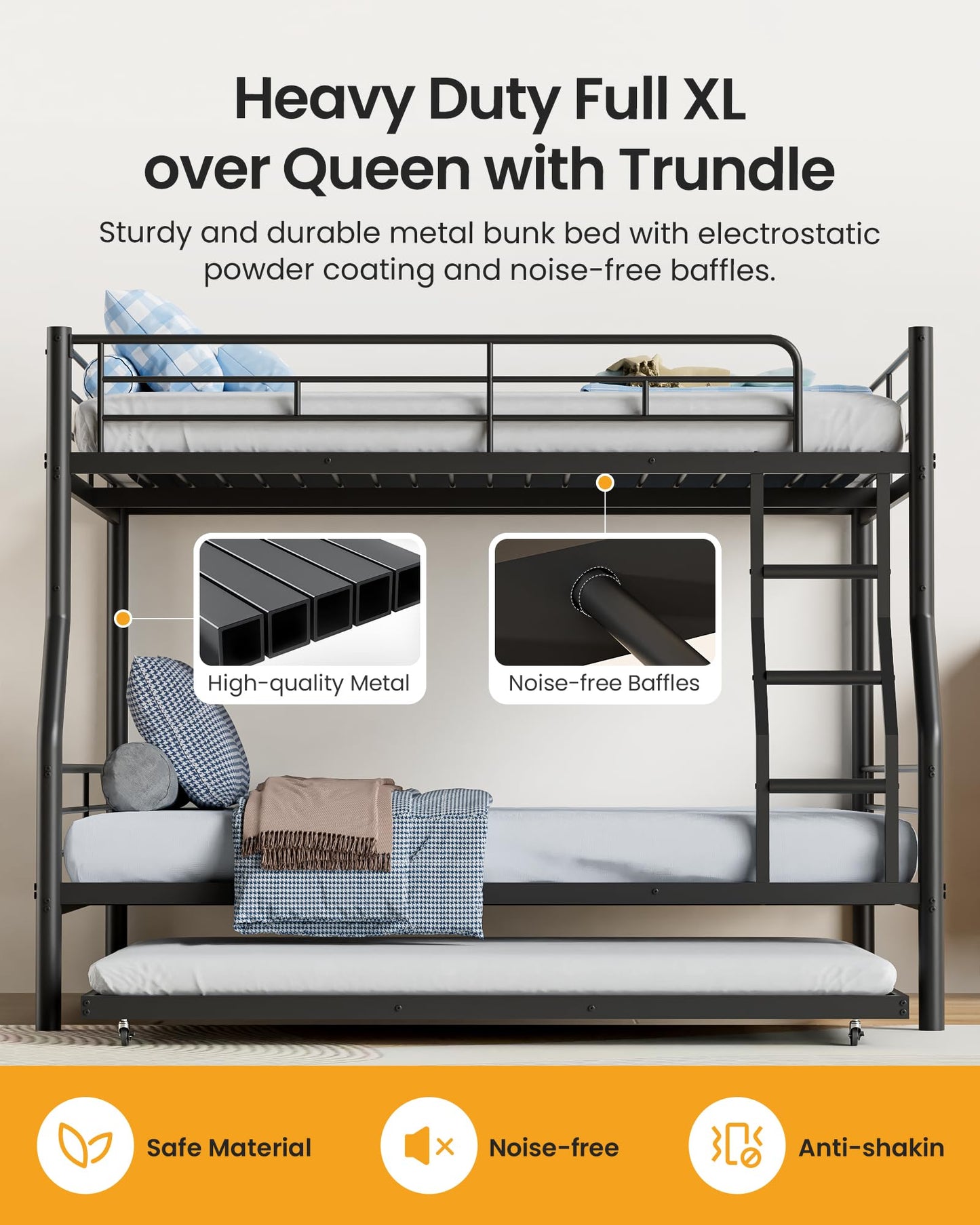 Mixcous Full XL Over Queen Bunk Bed with Trundle, Heavy-Duty Metal Bunk Bed w/Full-Length Guardrail & EVA Padded Ladder, Convertible to 3 Separate Beds for Adults, Teens, Noise-Free, Black
