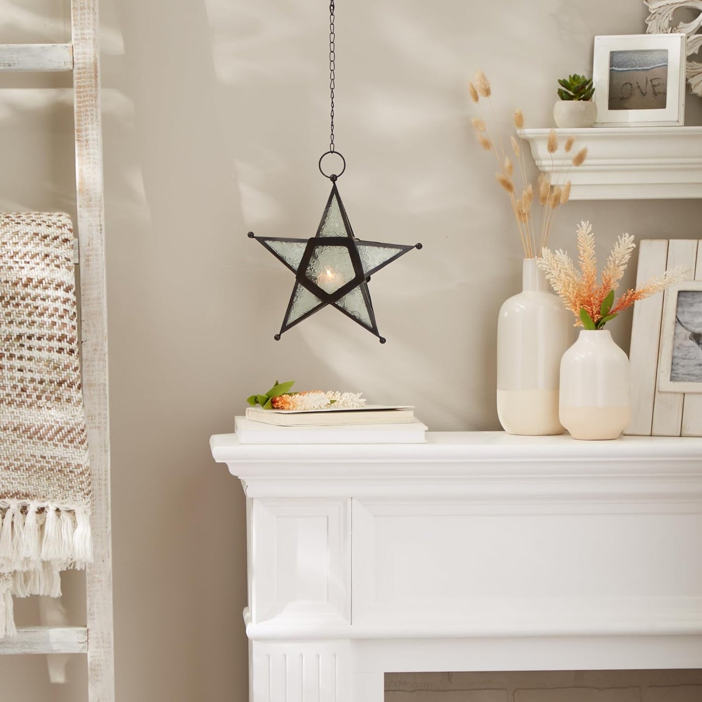 Zings & Thingz Beautiful Hanging Star Candle Lantern, 9.5" Tall, Clear Glass