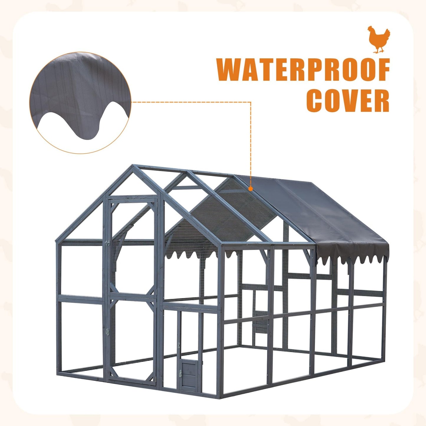 KEIKI 110" L Outdoor Large Chicken Coop with Waterproof Cover, Wire Mesh & 2 Lift Small Doors with Locks, Wood Chicken Coop House for Cat Kitten, Duck, Rabbit, Quail Playpen