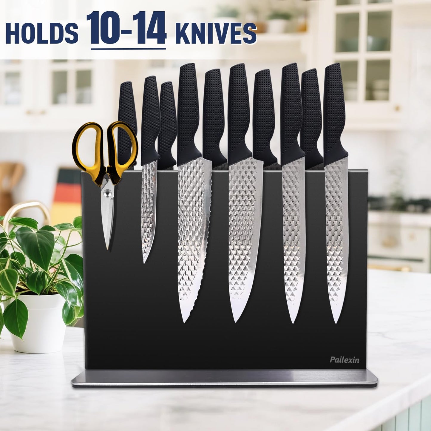 Pailexin Magnetic Knife Block Without Knives—Black Stainless Steel Double-Sided Magnetic Knife Holder Stand with Strong Magnets, Knife Storage Organizer for Kitchen Counter top