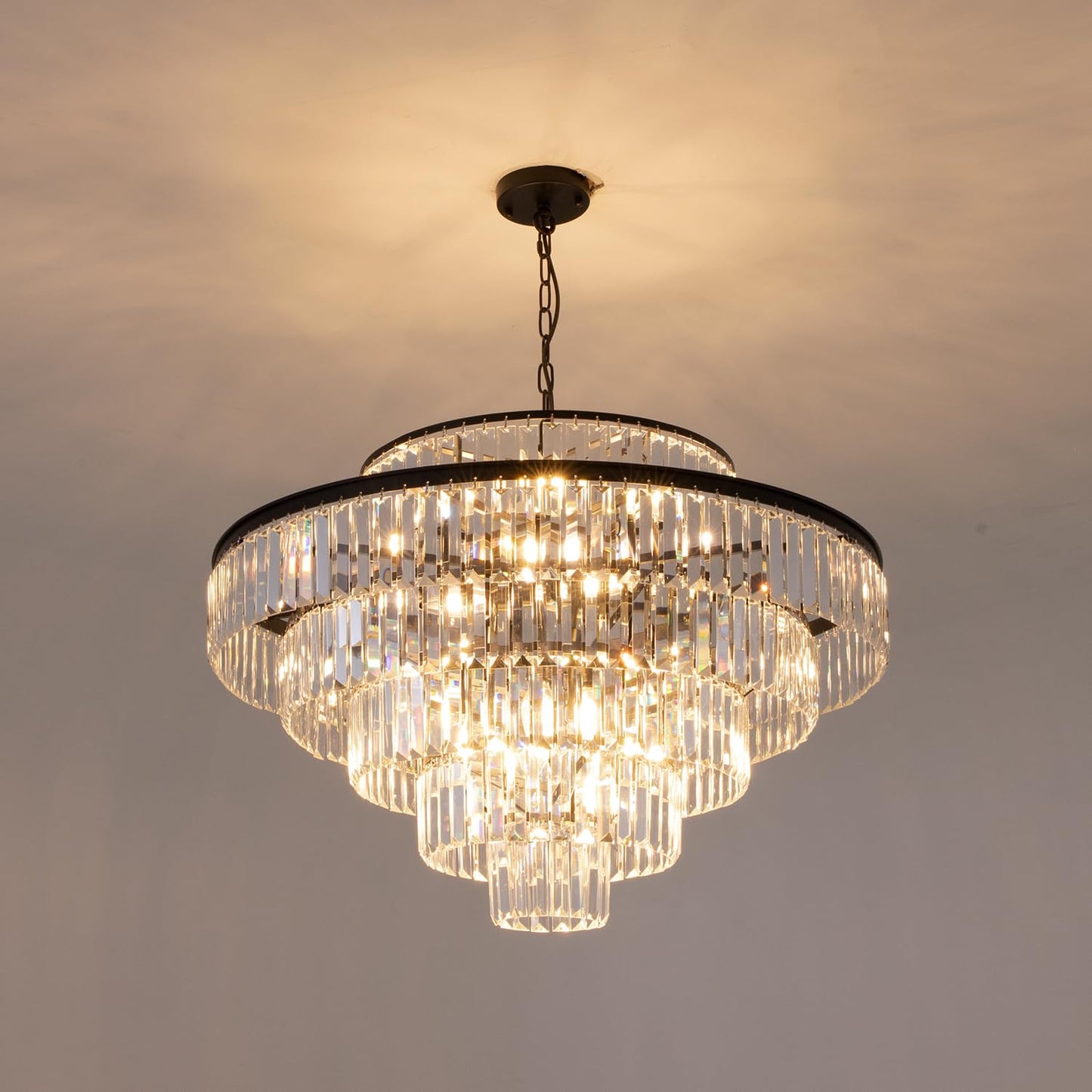 Wellmet Crystal Chandelier, 6-Tier Large Luxury Crystal Chandelier, 31'' Black Crystal Pendant Light for Living Room, Dining Room, Bedroom, Entryway, Hallway, Corridor,