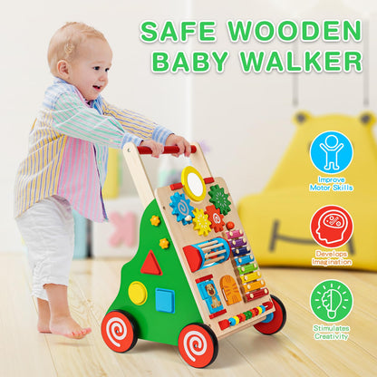 HUZU Wooden Baby Walker with Wheels, Montessori Push and Pull Activity Center for Toddlers, Adjustable Height & Speed, Learning Toy for 6-12 Months 1-3 Years Old Boys and Girls (Rainbow)