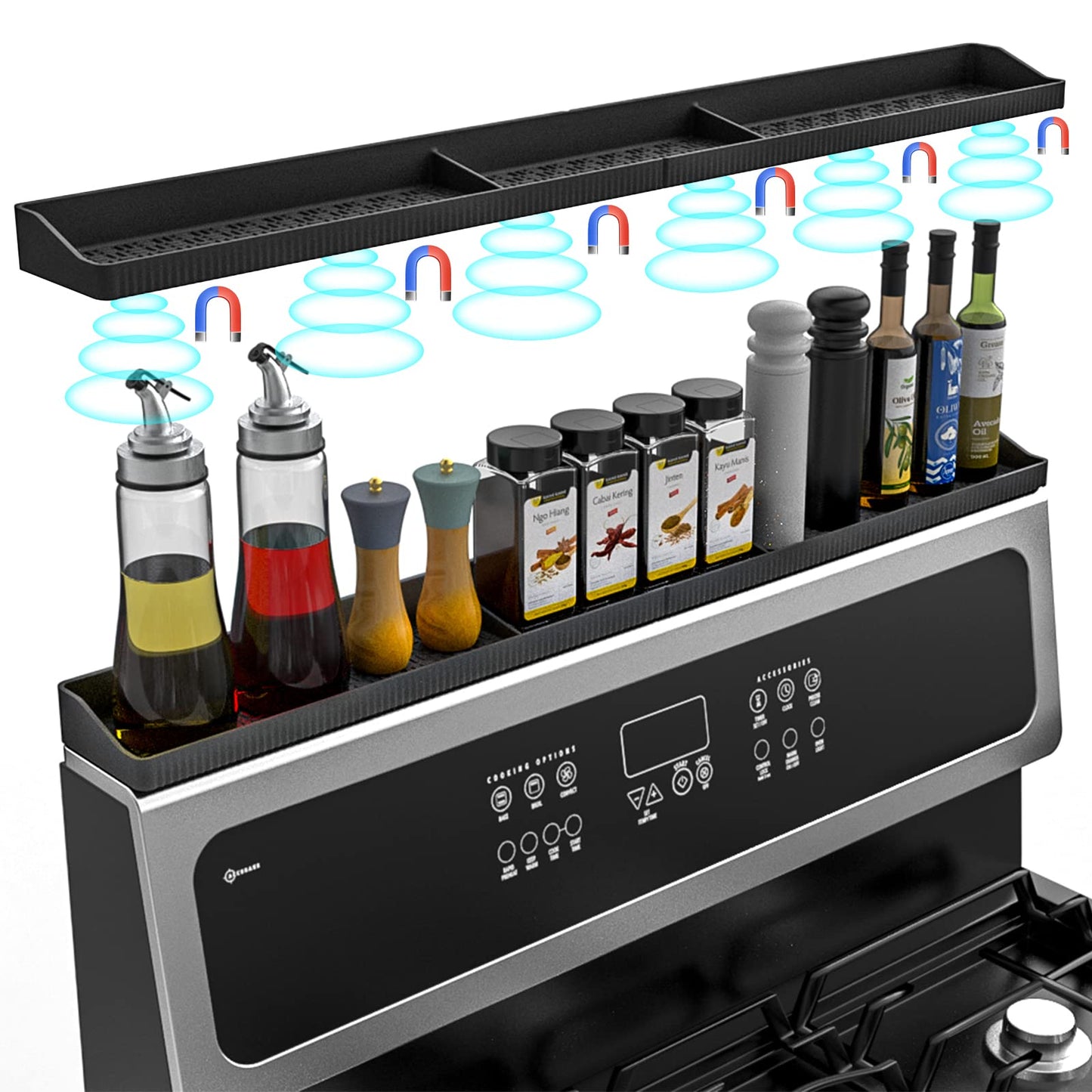 Magnetic Stove Top Shelf 30 Inch - Heat Resistant Silicone Over the Stove Shelf Spice Rack Organizer - 3 Functional Partitions Kitchen Organization and Storage for Spices, Oils & Gadgets (Black)
