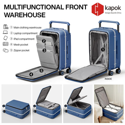mixi Carry On Luggage Wide Handle Luxury Design Rolling Travel Suitcase PC Hardside with Aluminum Frame Hollow Spinner Wheels, with Cover, 20 inch, Sapphire Blue