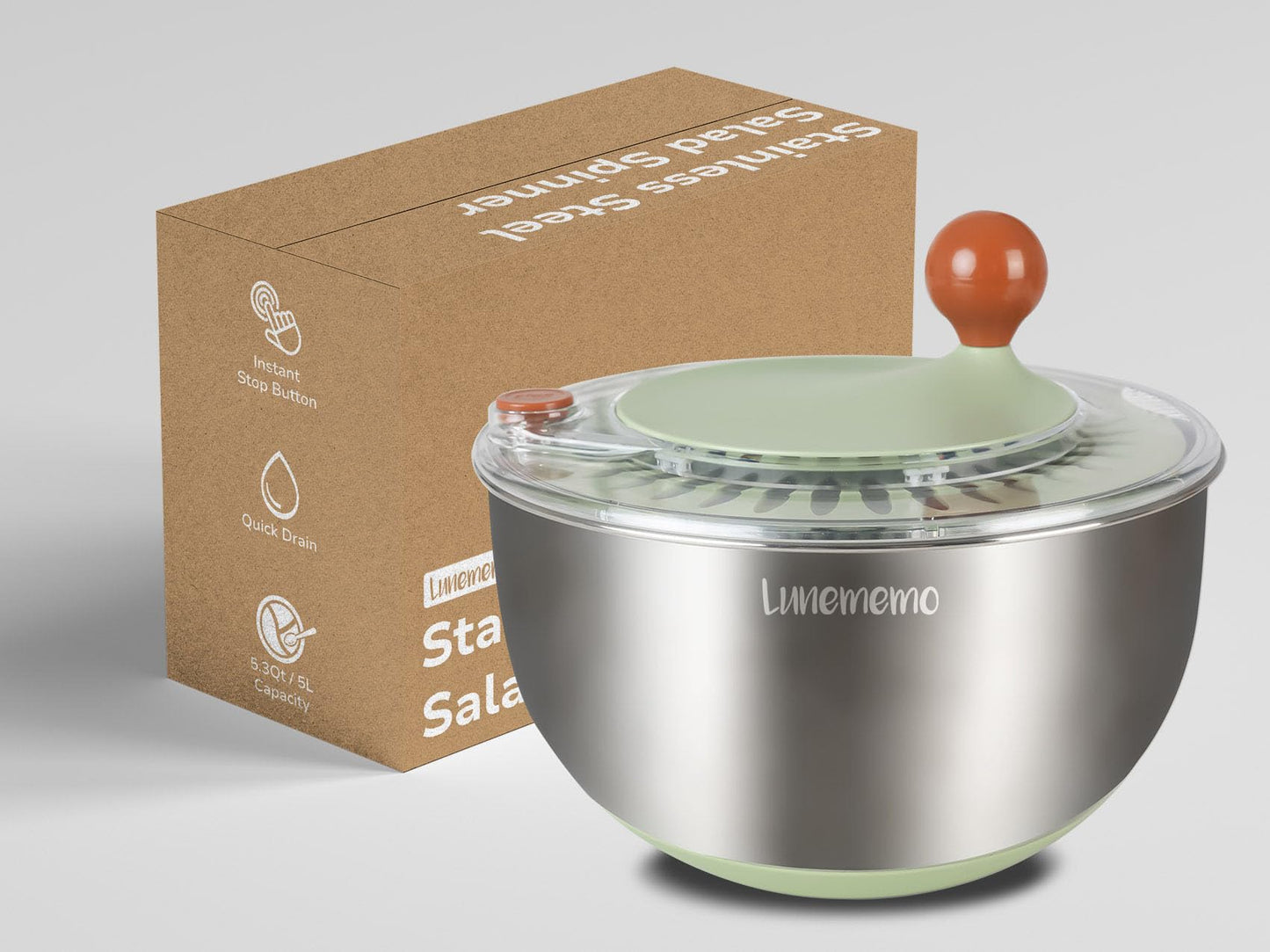 Lunememo Stainless Steel Salad Spinner, Lettuce Spinner with Drain, Non-Slip Base, Stop Button, Vegetable Dryer, BPA Free, 5.3 Qt