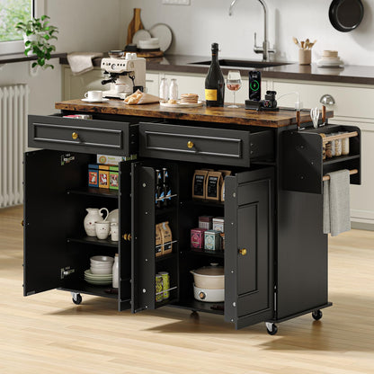 ComfyCorner 58" Rolling Kitchen Island with Storage, Island Table for Kitchen with Power Outlet, Multi-level Kitchen Islands on Wheels, Mobile Bar Cart with Spice Rack, Towel Rack, Knife Holder, Black
