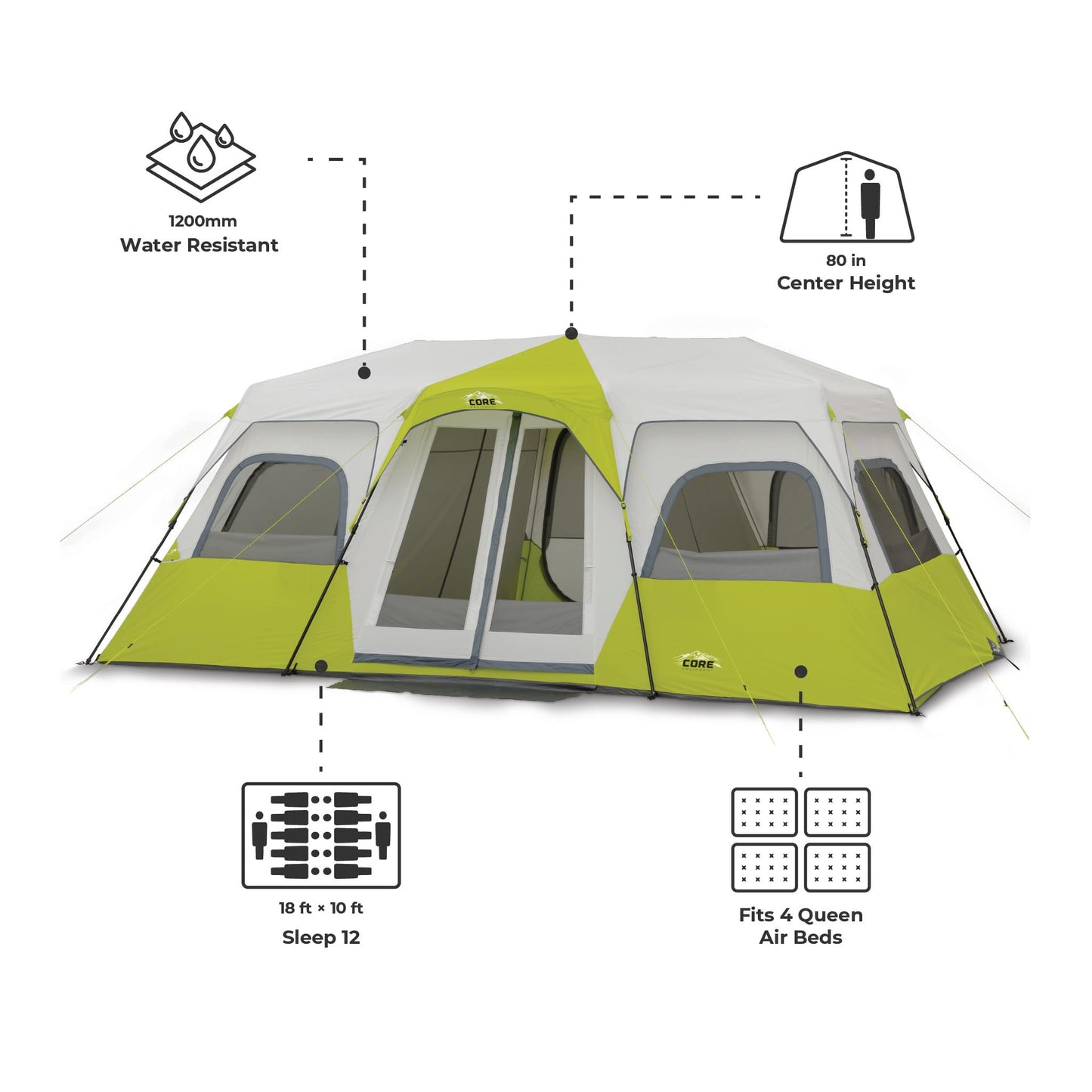 CORE 12 Person Instant Cabin Tent | Large 3 Room Family Pop Up Tent for 2 Minute Camp Setup | Included Storage Pockets for Camping Accessories