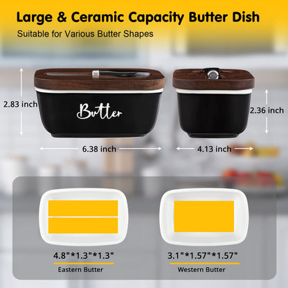 ALELION Black Butter Dish with Lid and Knife for Countertop - Airtight Ceramic Butter Keeper Container with Thick Acacia Wood Lid for Counter or Fridge - for Farmhouse Kitchen Decor and Accessories