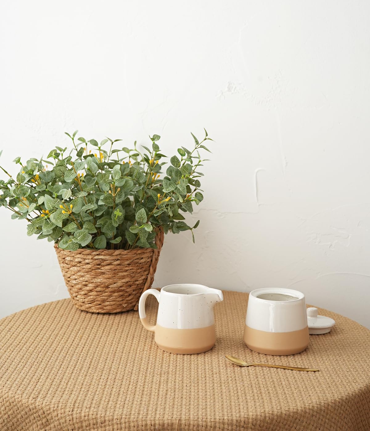 Bosmarlin Ceramic Sugar and Creamer Set, Sugar Bowl with Lid and Spoon, 3 Piece Set with Cream Pitcher, White Coffee Serving Set (White)
