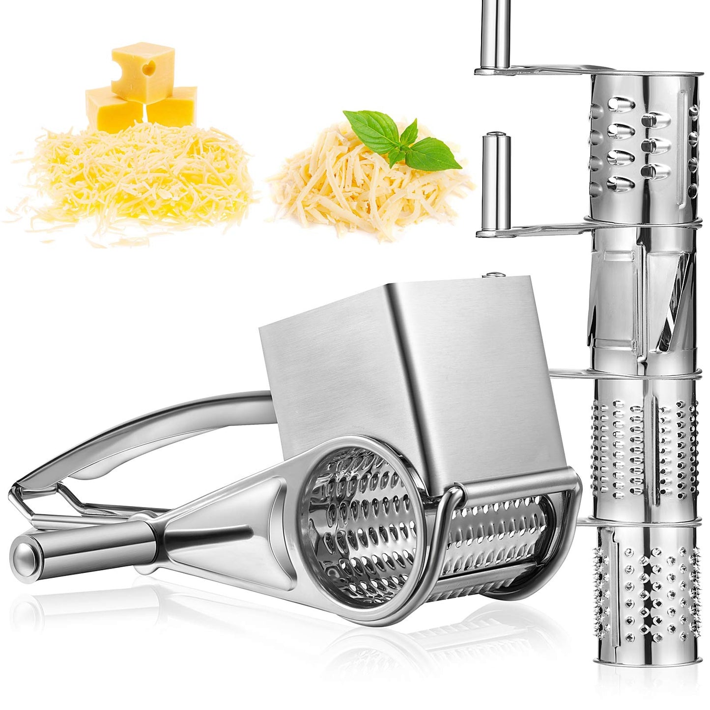 Honoson Rotary Cheese Grater Stainless Steel Handheld Rotary Parmesan Grater Cheese Cutter Slicer Shredder with 4 Stainless Drum for Grating Hard Chocolate Nuts Kitchen Tool
