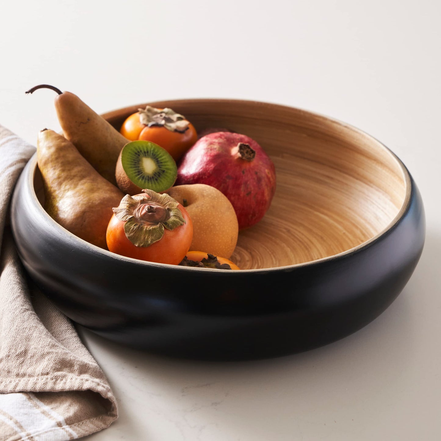HABITAAS Fruit Bowl for Kitchen Counter – Handmade Spun Bamboo, Large 11.75" Fruit Basket, Eco-Friendly Decorative Serving Bowl for Home Decor, Produce Storage & Centerpiece (Black)