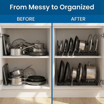 Expandable Pot Rack Organizer for Cabinet, Wave Slot Carbon Steel Pot & Pan Holder with 10 Adjustable Slots, Heavy Duty Cookware Storage for Pans, Lids, Bakeware, Countertop or Under Sink, Black