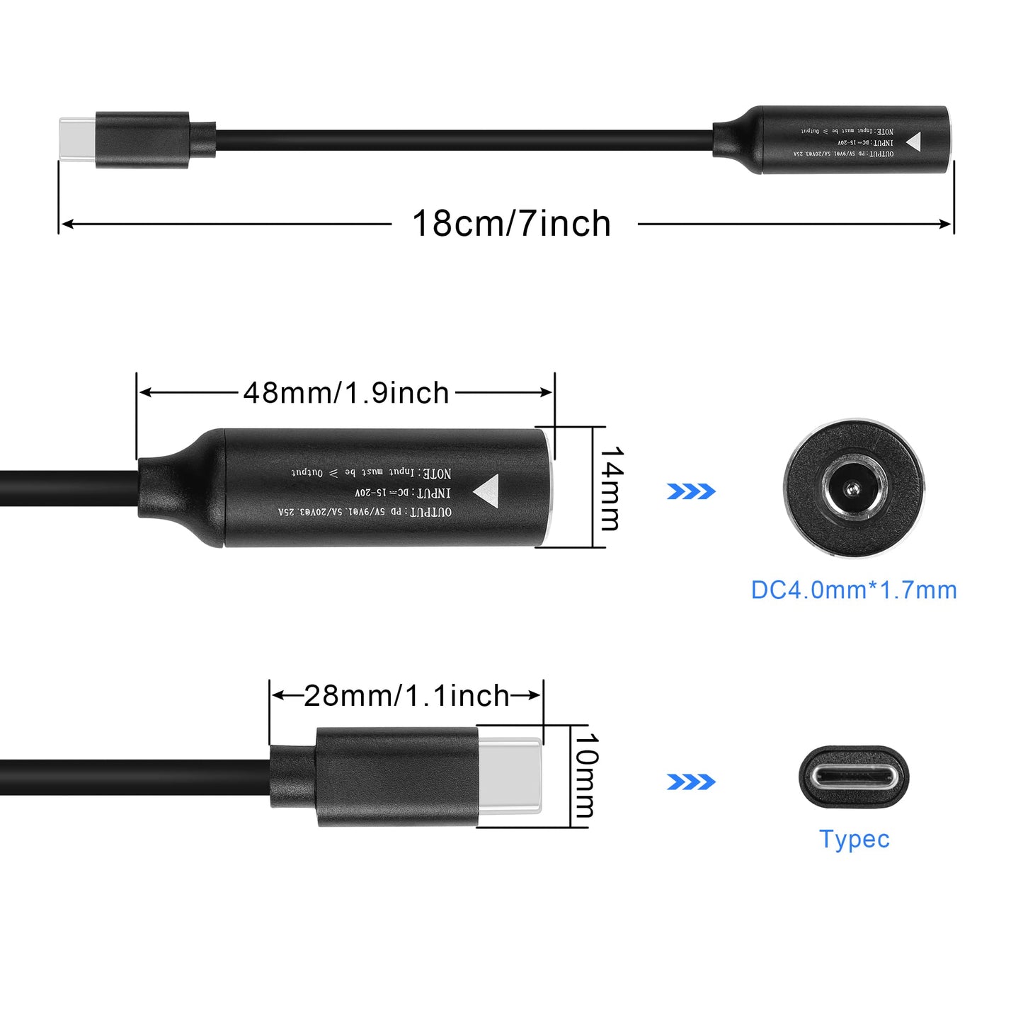 GINTOOYUN PD65W DC5525 to USB-C Charging Cable DC5.5mmx2.5mm Round Female to Type-C Charger Power Adapter Cable for Laptops,Mobile Phones,Tablets, Rechargeables,etc(7Inch)