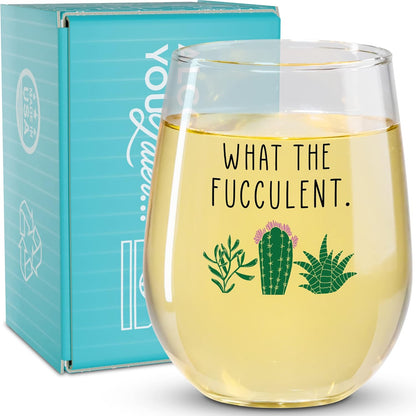 Funny Wine Glass Gift, 17 Oz Stemless Wine Glass (What The Fucculent)