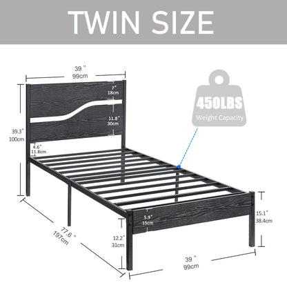 VECELO Twin Size Bed Frame with Wood Headboard, Heavy-Duty Metal Slats Support, Easy Assembly, No Box Spring Needed, Black