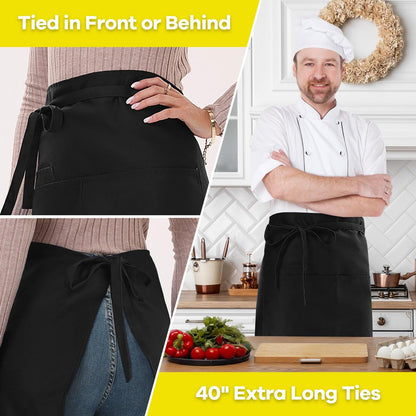 ROTANET Long Server Apron Black with 3 Pockets Bistro Half Aprons for Men Women Waiter Waitress Chef 28 Inch Waterproof
