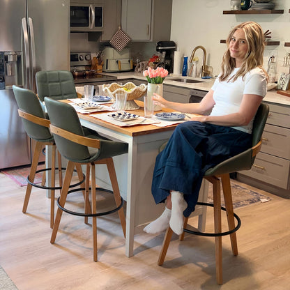 Mid Century Modern Swivel Bar Stools Set of 2, 29” Bar Height, Upholstered Faux Leather Seat with Curved Bentwood Back & Arms, Solid Bamboo Legs with Walnut Finish, Kitchen Island Bar Chairs, Beige