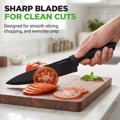 NutriChef 17-Piece Kitchen Knife Block Set - Stainless Steel Precision Crafted Knives w/Acrylic Block Stand - Includes 6 Steak & 7 Multi-Use Knives, Sharpener, Scissors, & Vegetable Peeler (Black)