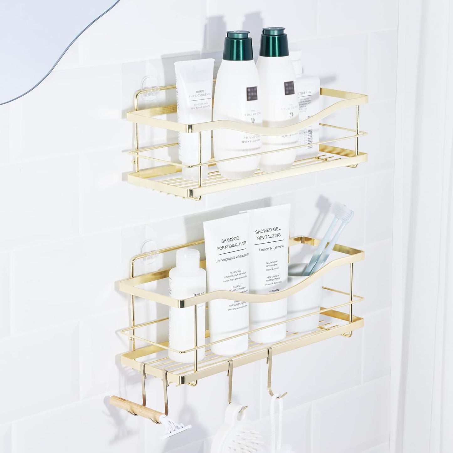 KINCMAX Premium Shower Caddy, 2-Pack Self Adhesive Wall Shower Organizer, Rustproof Stainless Steel Shower Storage Rack