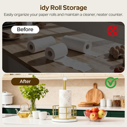 YATINEY Paper Towel Holder, Kitchen Paper Towel Holder for Countertop, Gold Paper Towel Stand with Wooden Base, Freestanding Kitchen Roll Holder, for Standard Size Rolls, Gold CJ05DW