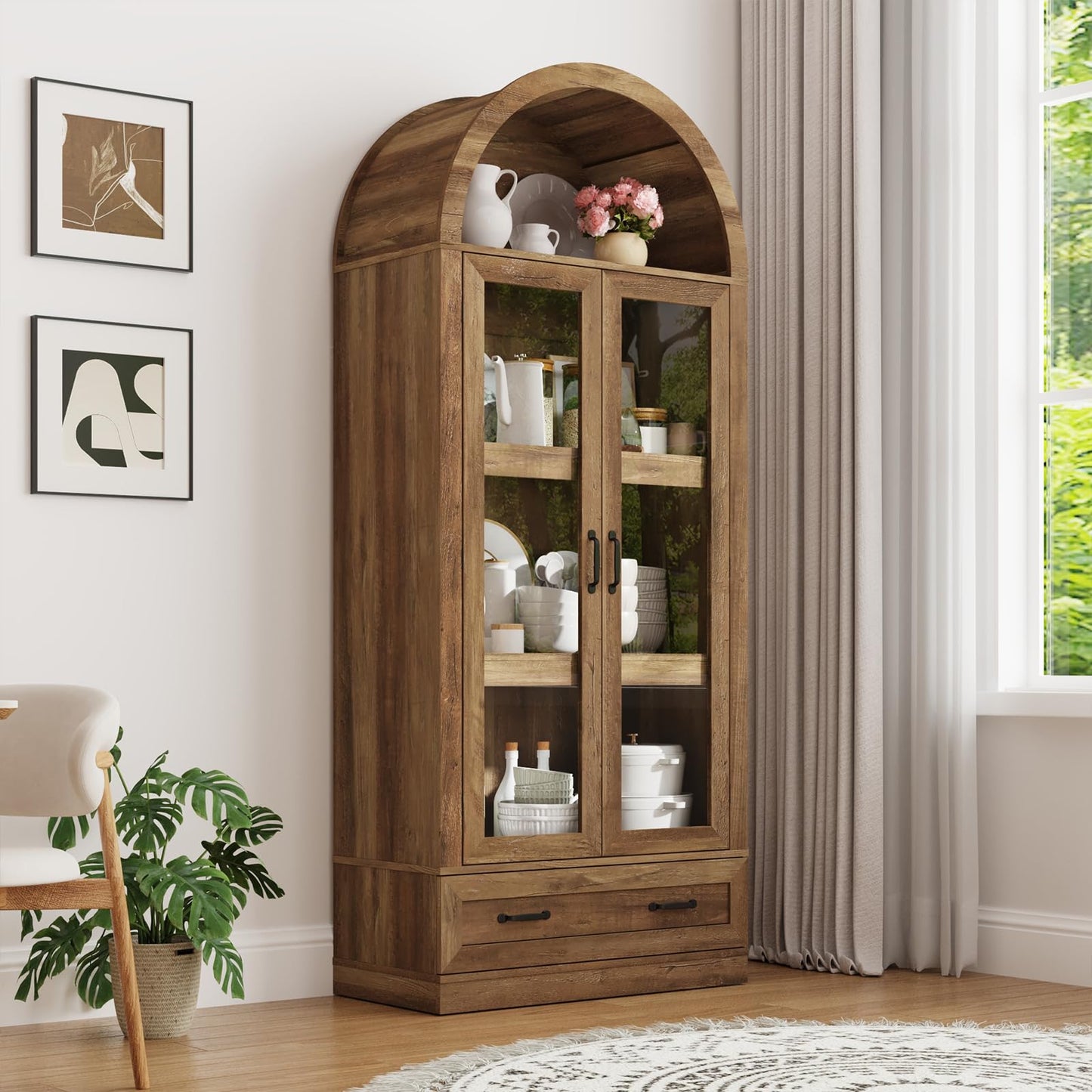 75" Tall Arched Kitchen Pantry Cabinet w Load-Bearing Steel Pipe,Modern Farmhouse Kitchens Storage Cabinet with Drawer and Glass Doors,Tall Arched Bookcase,Pantry Organizer for Living Room(Natural)