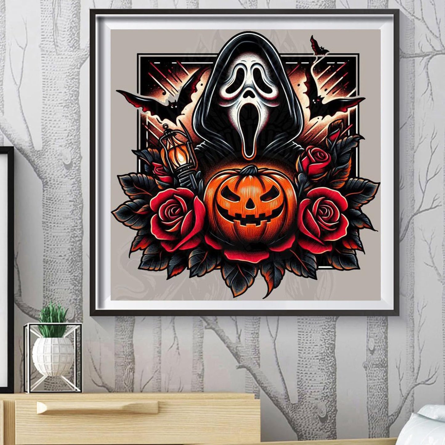5D DIY Diamond Art Painting Halloween Ghostface 16x16 inches for Adults, Horror Movie Pumpin Diamond Art Kits Full Round Drill Rhinestone Embroidery for Wall Decoration