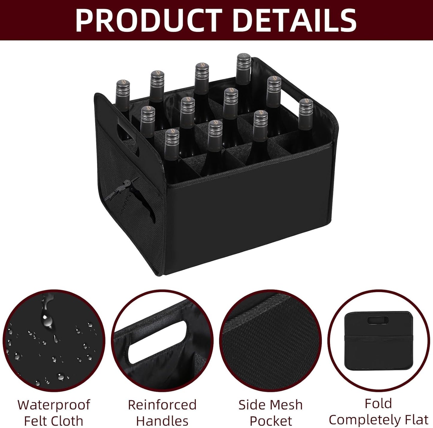 12 Bottle Wine Carrier - Collapsible Premium Felt Tote with Handles for Travel, Party, Picnic, Black