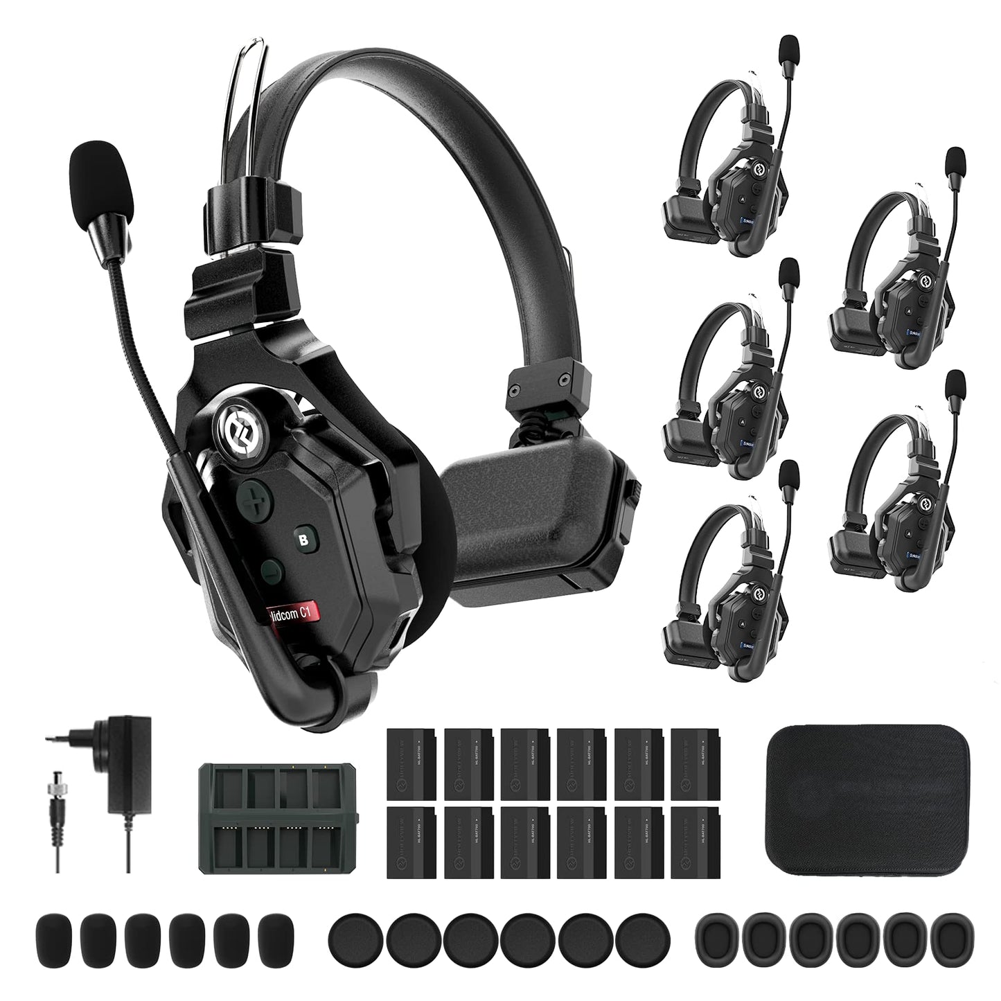 Hollyland Solidcom C1 9-Person Wireless Headset Intercom System with Base Station & 9 headsets, 1.9GHz Full-Duplex Team Communication with AB Grouping Cloud Meeting Announcement Expandable Connection