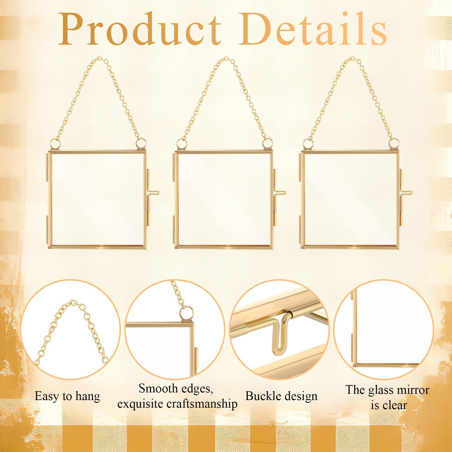 6pcs Glass Frames for Pressed Flowers Gold Mini Glass Hanging Frame 2.7x2.7x0.3 Inch Square Mini Metal Picture Frame Ornaments Clear Double Sided Glass Floating Frame Hanging Artwork Display Frame