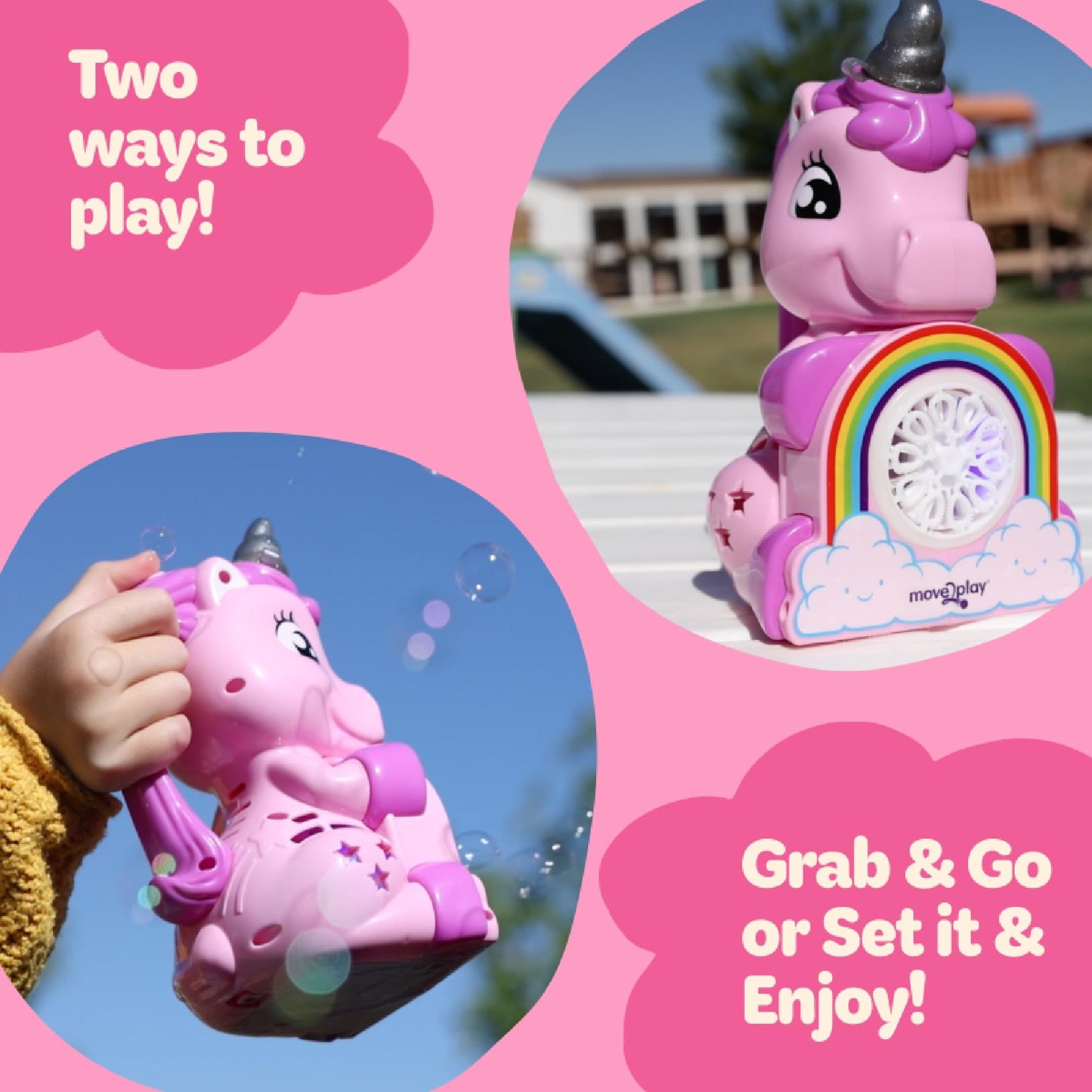 Move2Play, Unicorn Bubble Blower | Basket Stuffer | Bubble Machine | Toy for Toddlers, Boys and Girls | Indoor & Outdoor | Birthday Party | Summer Fun | Gift for Girl 1, 2, 3, 4+ Years Old