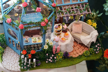 CUTEROOM Dollhouse Miniature with Furniture, 3D Wooden Miniature Doll House with Music Box & LED Lights,1:24 Scale DIY House Kit (Rose Garden Tea House)