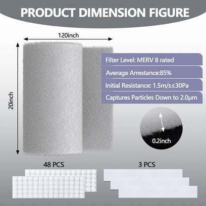 20" 120" 8 48Pcs x Cut to Size Air Filter Material, MERV Triple Air Vent Filters, HVAC Furnace Filters Kit Vent Filter