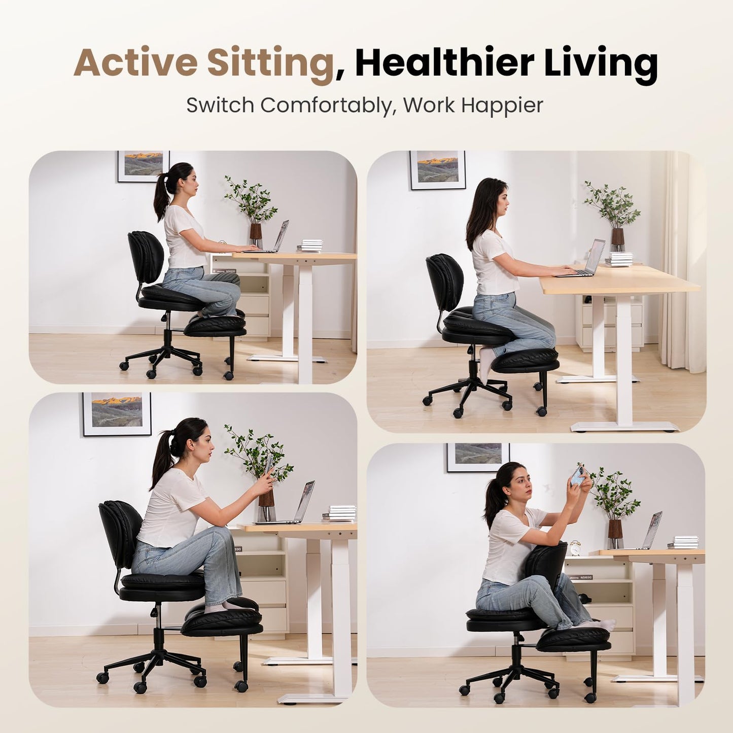 HOMRELEXA Extra-Wide & Tall Cross-Legged Office Chair – Deeply-Padded Cloud Seat, Ergonomic Back Support, Adjustable Height for ADHD & Meditation, Black