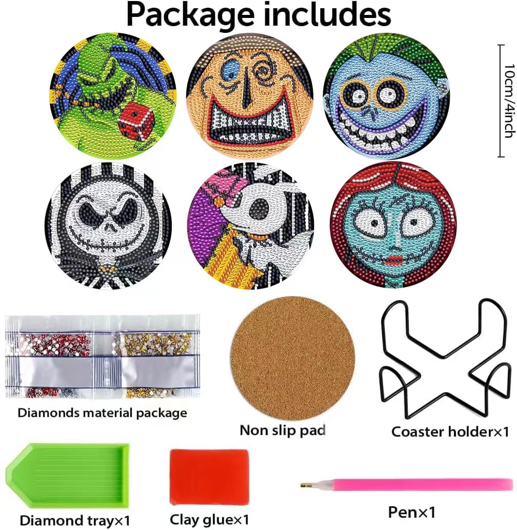 6 Pcs 5D DIY Diamond Art Painting Christmas Cartoons Coasters with Holder,DIY Coaster Diamond Art Kits for Adults Beginners, Round Full Drill Diamond Art Craft Supplies QLBD-06