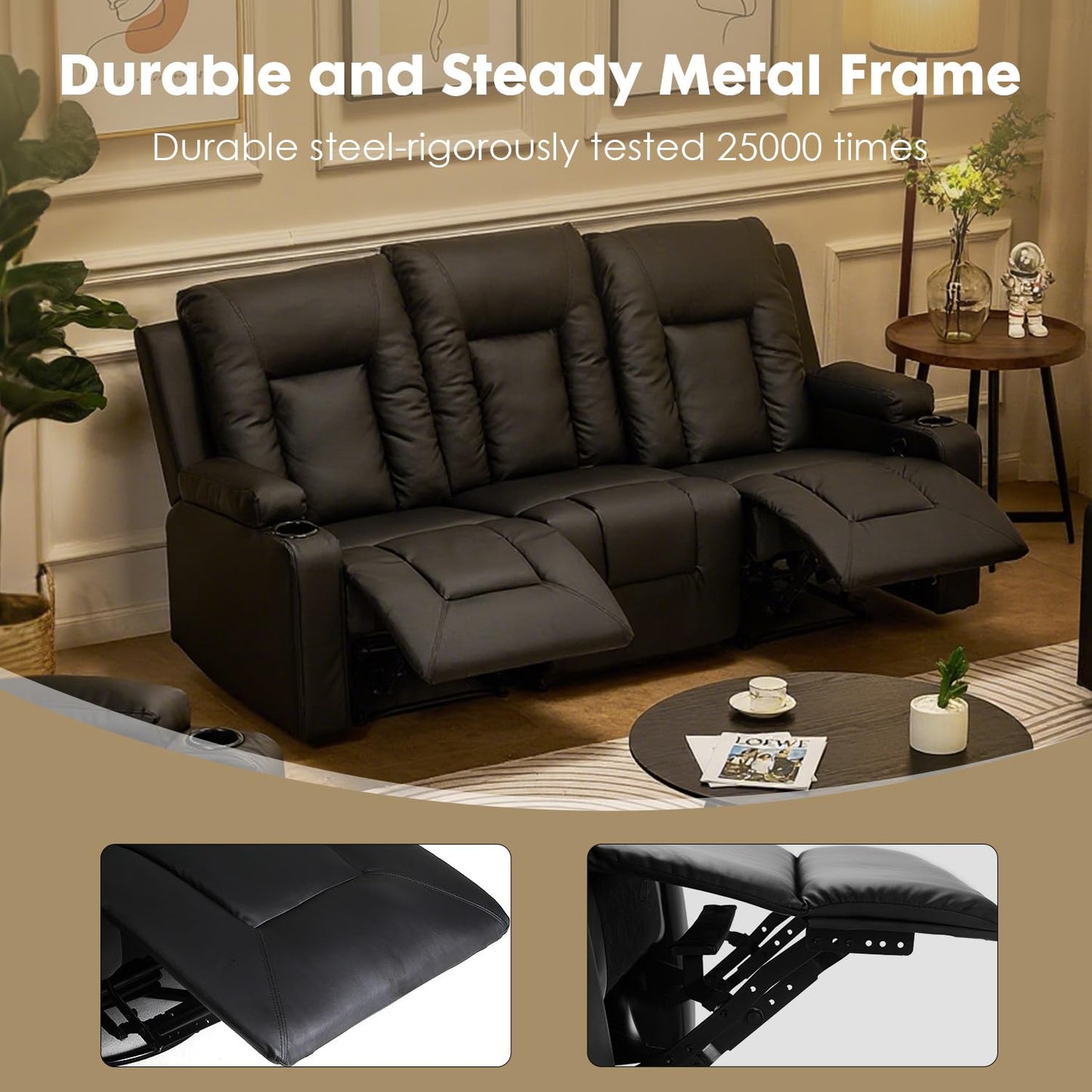 LUCKLIFE Leather Recliner Sofa Set with Manual Recliners,Living Room Furniture Set with Reclining Couch,Loveseat and Armchair,Living Room Chair with Cup Holders,Black (3+1)