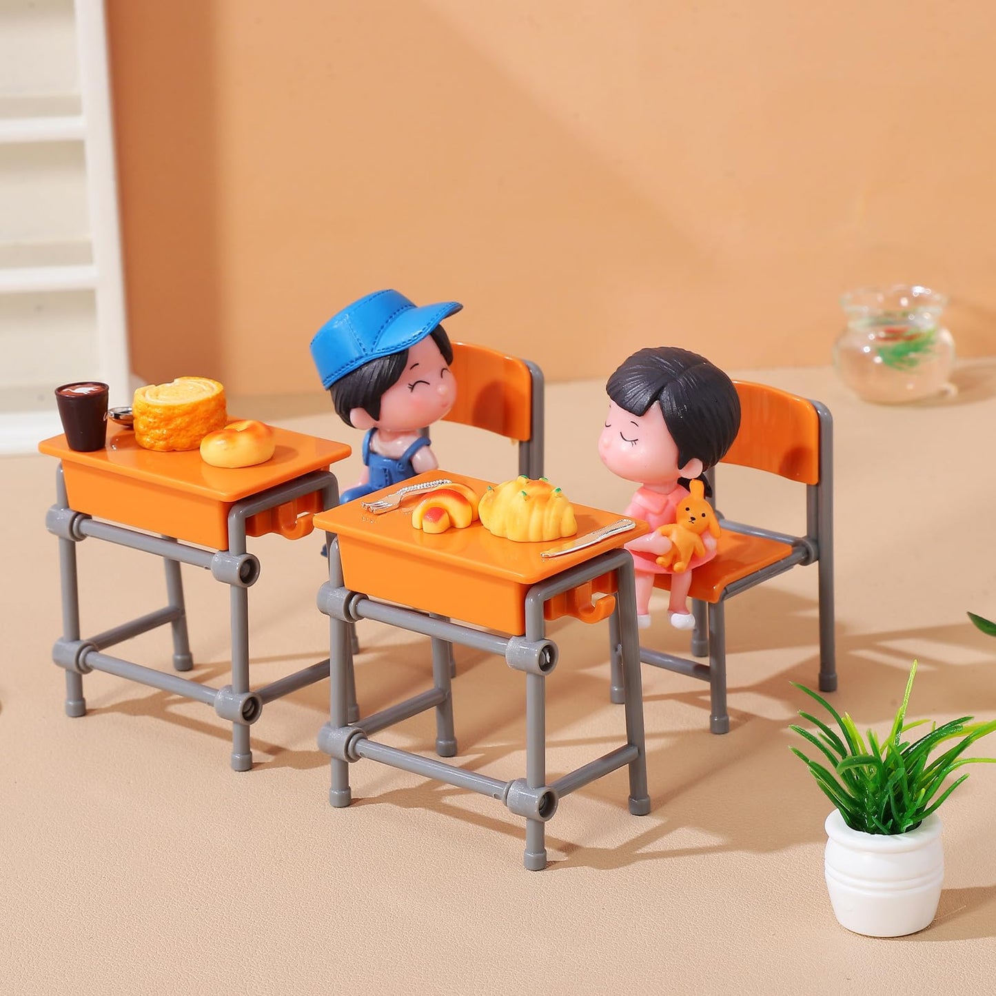 Toddmomy Miniature Plastic Classroom Desk and Chair 4-Set, Realistic Dollhouse School Furniture Accessories for Diorama Decor