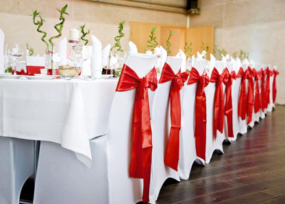 FXKS 100 PCS Satin Chair Sashes Red Bows Sashes for Chair Covers, Washable Reusable Chair Cover Back Tie Supplies for Wedding Reception Christmas Banquets Home Kitchen Decoration (7 x 108 inch)
