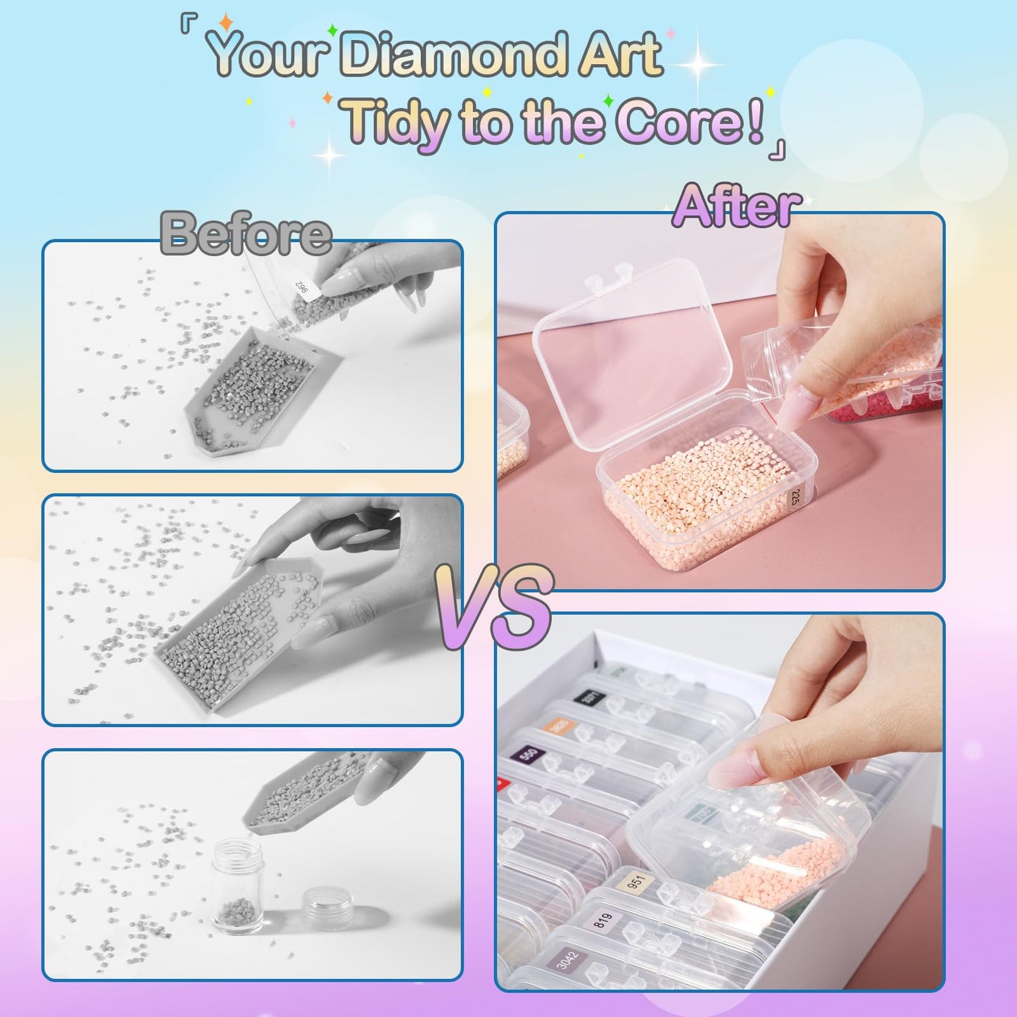 Glotrove Diamond Art Storage Containers Trays, 60pcs Diamond Painting Trays with Lids, 2-in-1 Beads, Gems & Drills Storage and Line-Up Accessories for Diamond Painting