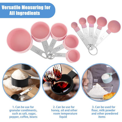 Measuring Cups and Spoons Set, 10-Piece Stackable Kitchen Tools with Stainless Steel Handles, Nesting Measurement Gadgets for Cooking & Baking (pink)