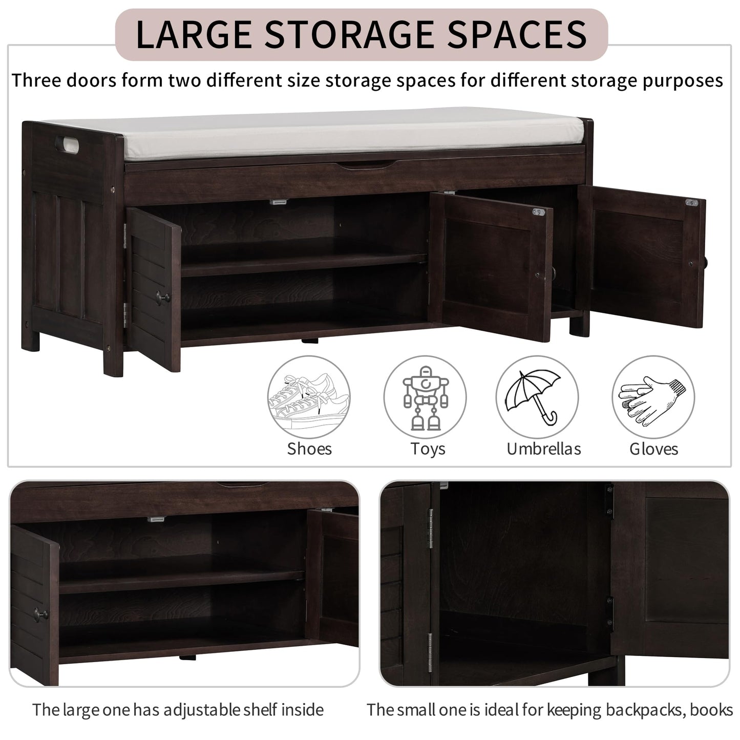Entryway Bench, Storage Bench with 3 Shutter-Shaped Doors and Flip-Open Storage Box, Shoe Bench with Adjustable Shelves and Removable Seat Cushion, Shoe Rack for Hallway, Living Room, Espresso.
