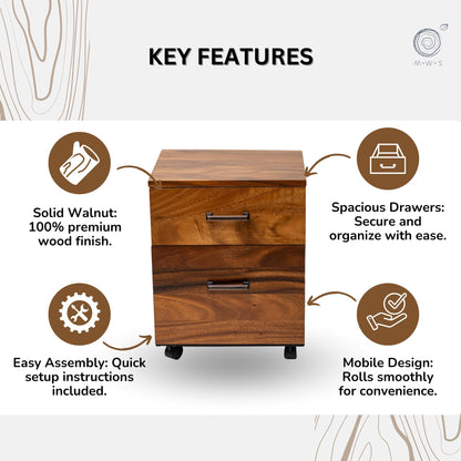 2 Drawer Walnut Wood File Cabinet – Under Desk Filing Cabinet with Rolling Wheels – 21"x16"x15" Spacious Dual Compartments for Home Office Storage