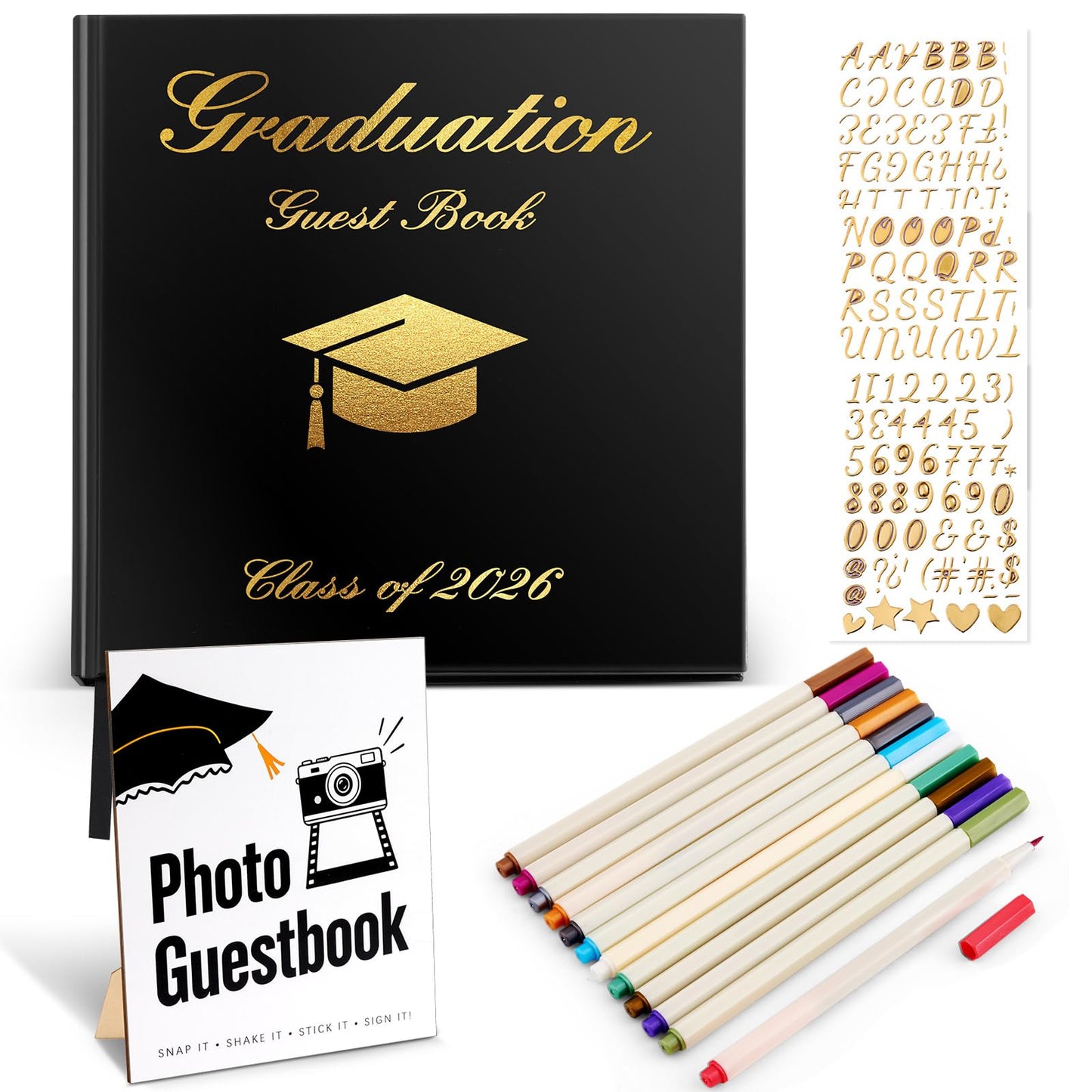 LawnIdyll 2026 Graduation Guest Book with Photo Sign Metallic Pens Stickers 144 Pages Class of 2026 Scrapbook Album Gift Memory Book for High School College Graduation Party Supplies (Black)