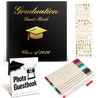 LawnIdyll 2026 Graduation Guest Book with Photo Sign Metallic Pens Stickers 144 Pages Class of 2026 Scrapbook Album Gift Memory Book for High School College Graduation Party Supplies (Black)