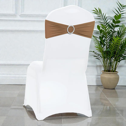 MDS Premium Spandex Chair Sashes - Stretchy Bow Covers with Buckle Slider | 50-Pack in Mocha for Weddings & Events