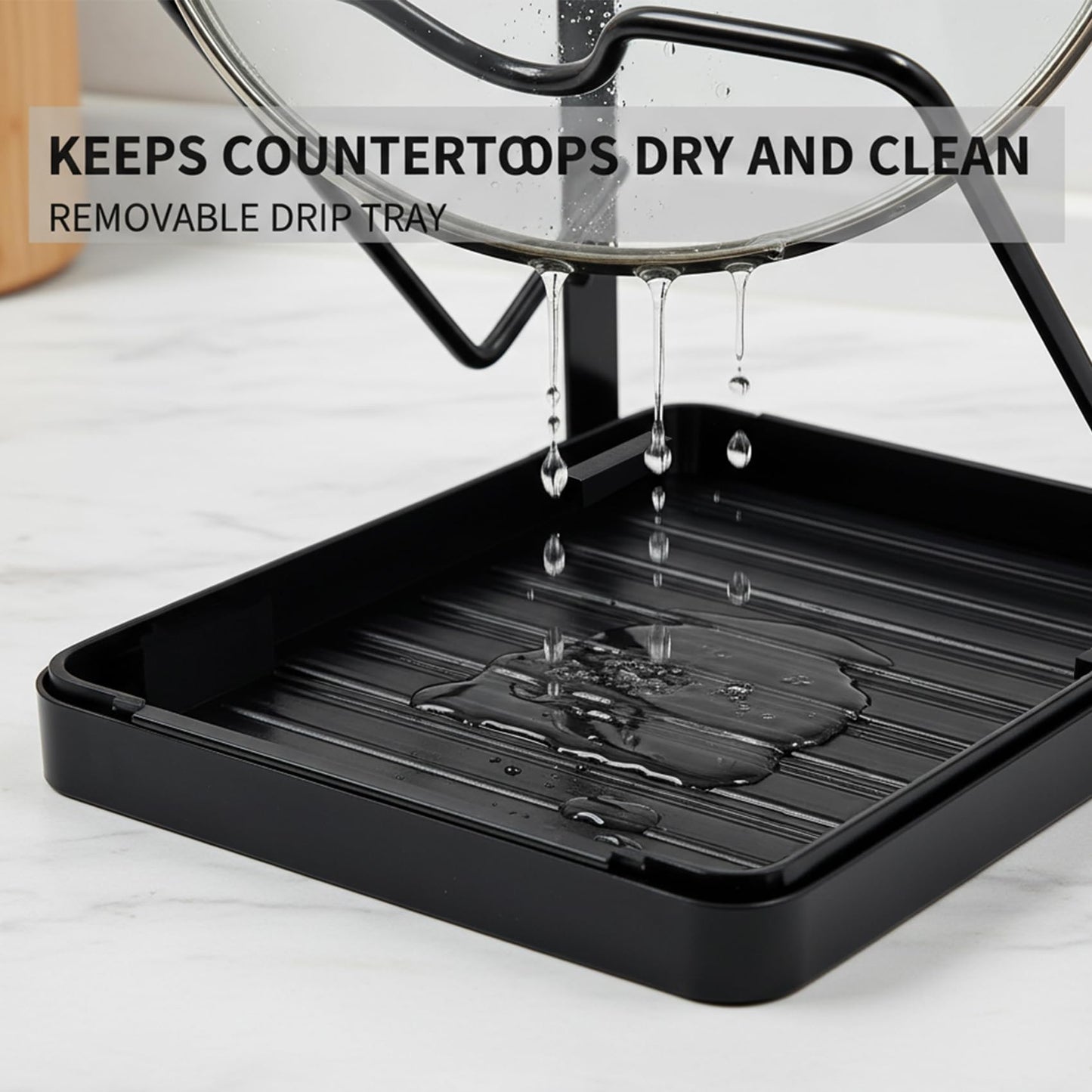 FKSWSQY Pot Lid Holder While Cooking, 2-Tier Heavy Duty Pot Lid Organizer with Drip Tray & U-Shaped Groove, Multifunctional Storage Rack for Stove Top & Kitchen Countertop - Black