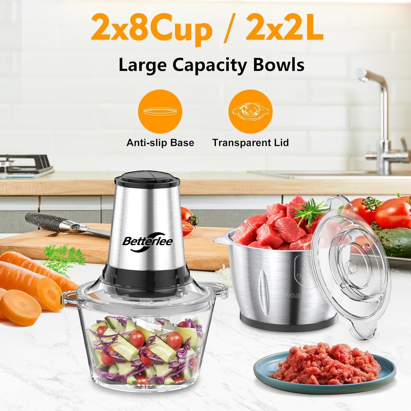 Betterlee Electric Food Processor, Meat Grinder with Two 8 Cups Bowls, 2 Speed Onion Chopper for Meats