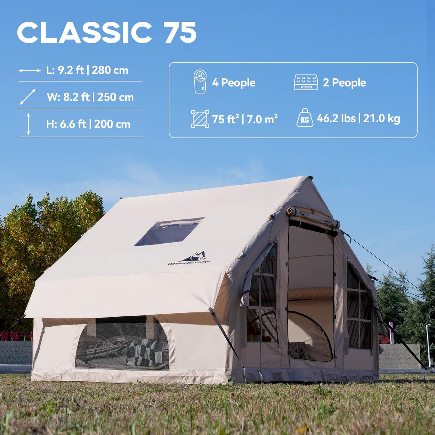 Romantic Camp Inflatable Camping Tent with Pump,4-6 Person Waterproof Blow Up Air Tent for Camping Hiking,Easy to Set Up 4-Season Inflatable House Tent with Oversized Canopy(75FT²).