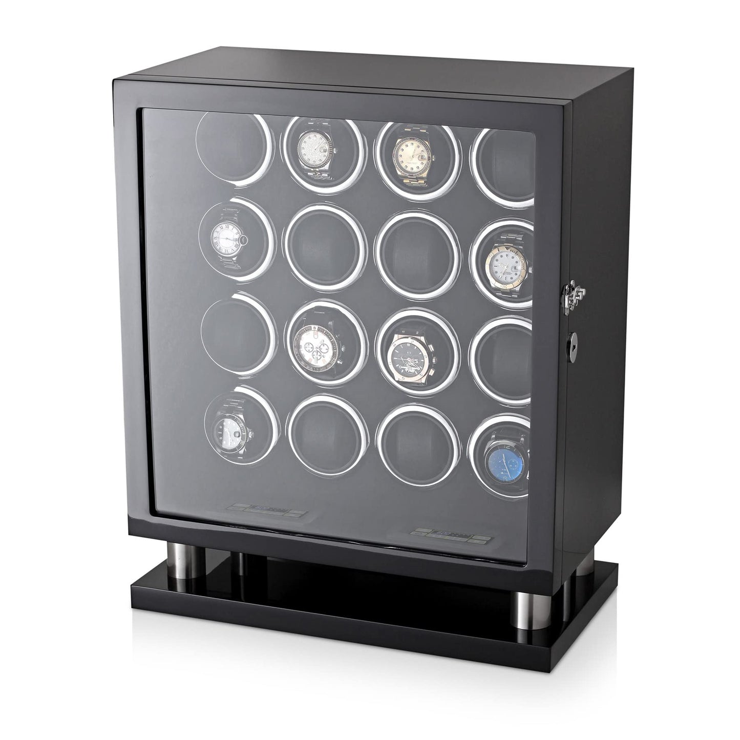 Watch Winder for 16 Automatic Watches with LED Light and LCD Touchscreen Control (Black + Black)