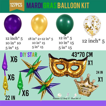 Mardi balloon garland arch kit Purple Emerald green gold with Crown and Mask star mylar Balloons for Grand Fat Tuesday Party Decorations for Gorgeous Funny Festive Vibe