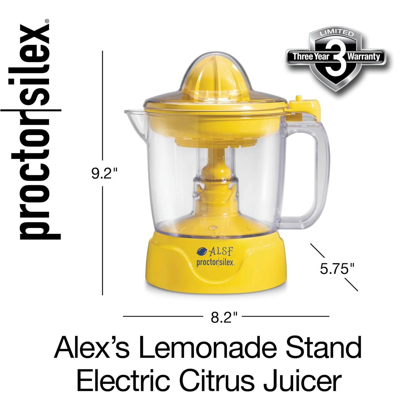 Proctor Silex Alex's Lemonade Stand Electric Citrus Juicer Machine, Large 34 oz. Pitcher, Pressure Activated, for Lemons, Limes and Oranges, 34 oz, Includes 2 Reamers & Recipe Book, Yellow (66341)